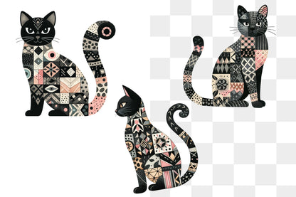 Black Cat Patchwork Halloween PNG Cute Boho Cat Sublimation