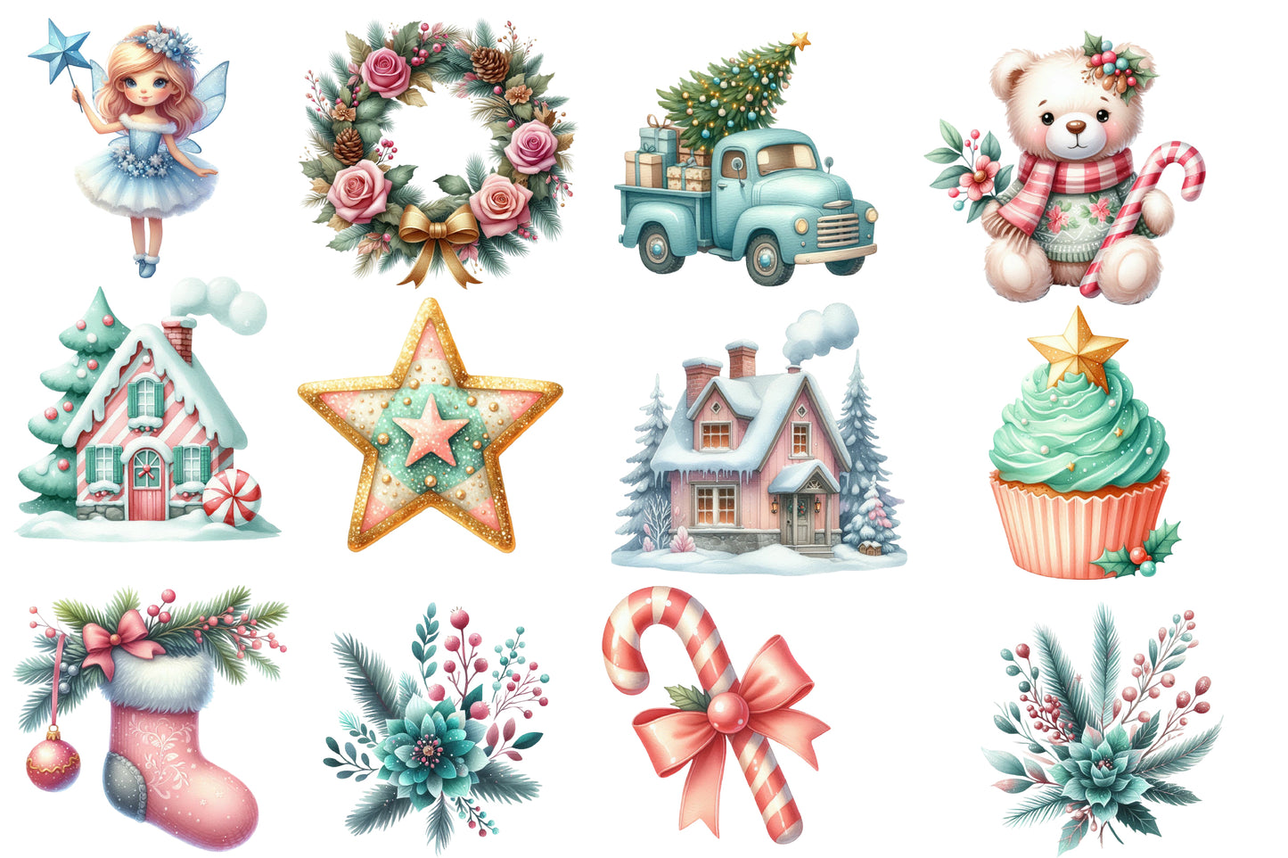 Pastel Christmas Watercolor Clipart PNG Bundle | Cute Pink & Blue Christmas Clipart | Pastel Winter Christmas Sublimation PNG