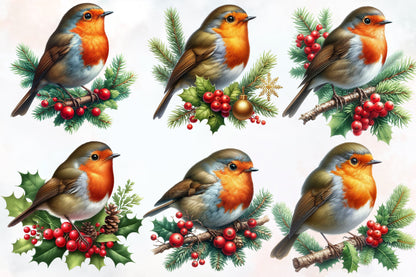 23 Christmas Robin Bird PNG Sublimation Bundle Watercolor Holiday Bird Clipart