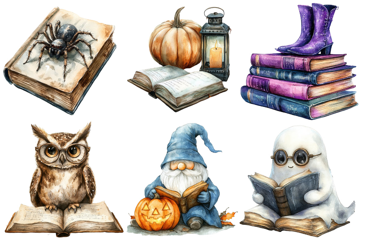 Halloween Reading Clipart PNG | Spooky Books, Ghost Reading, Witch Books, Owl & Cat Reading Clipart,