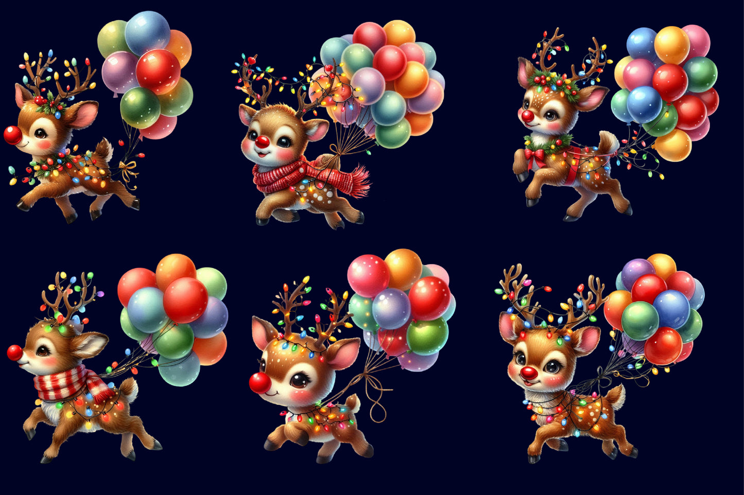 Christmas Baby Reindeer PNG Clipart Bundle | Watercolor Cute Reindeer with Christmas Lights & Balloons