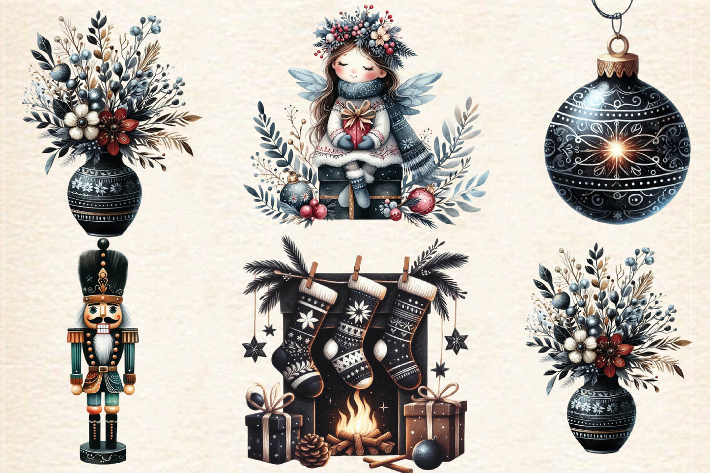 24 Watercolor Boho Moody Christmas PNG Dark Holiday Clipart