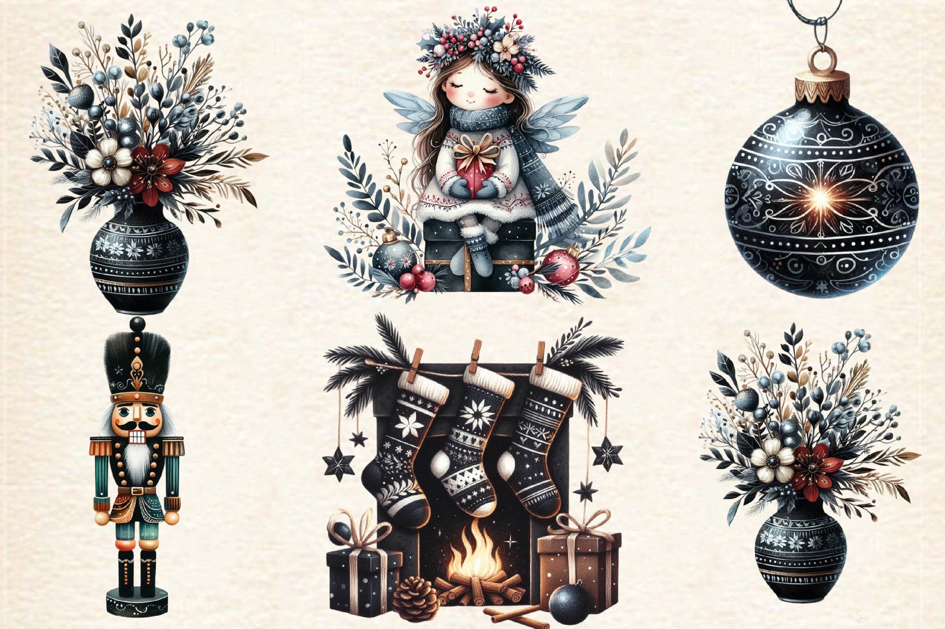 24 Watercolor Boho Moody Christmas PNG Dark Holiday Clipart