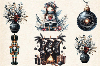 24 Watercolor Boho Moody Christmas PNG Dark Holiday Clipart