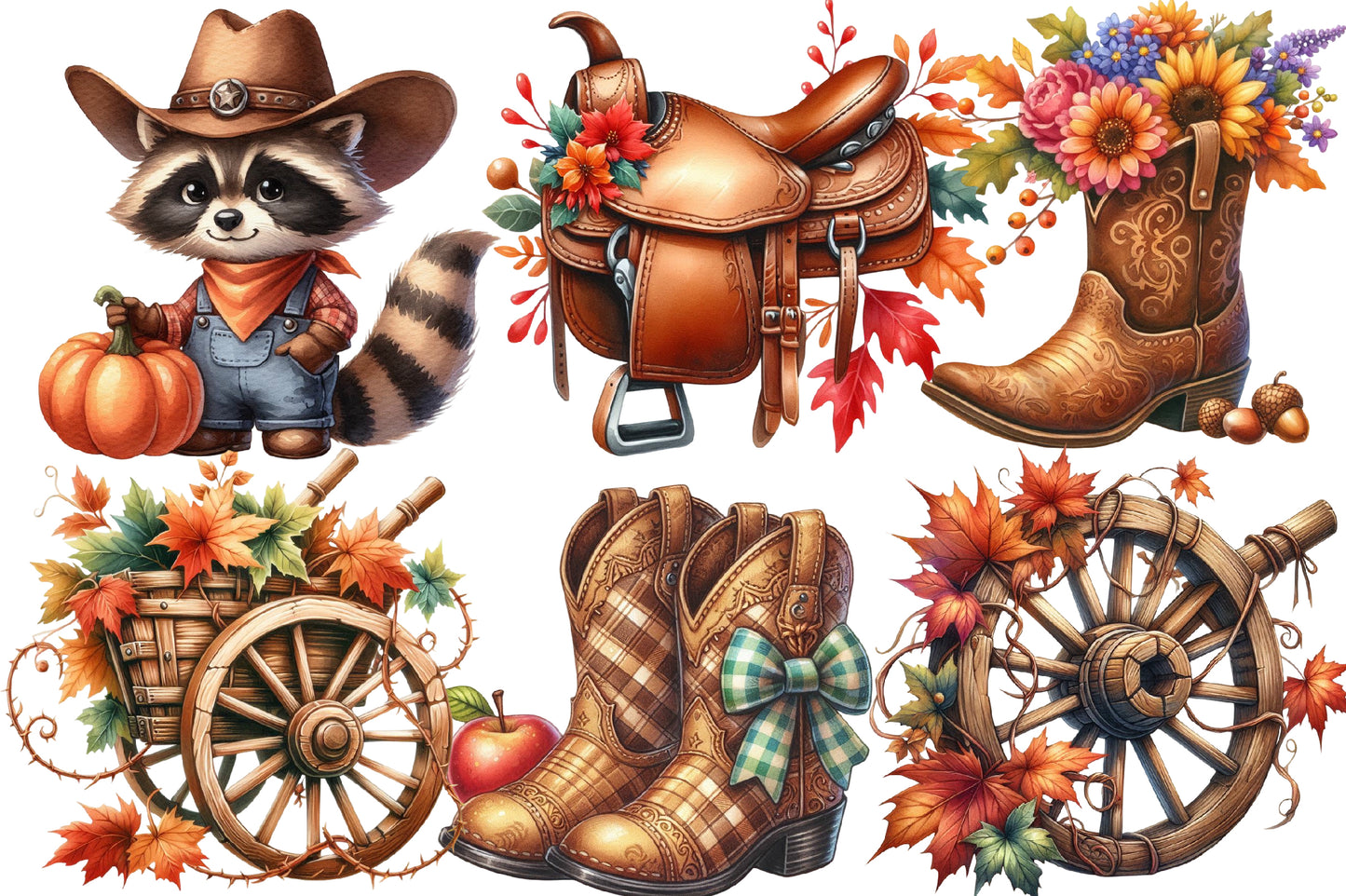 Cowboy Autumn Watercolor Clipart PNG Bundle | Western Fall Clipart | Autumn Sublimation