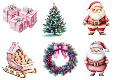 Pink Christmas Watercolor Clipart PNG Bundle | Pink Christmas Tree PNG | Pink Santa Holiday Sublimation