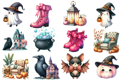 Cute Halloween Watercolor Clipart PNG Bundle | Halloween Clipart, Kawaii Halloween PNG