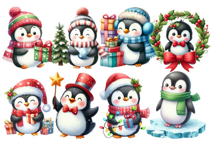Christmas Penguin Clipart PNG Bundle | Watercolor Cute Christmas Penguin Clipart | Winter Holiday Sublimation PNG