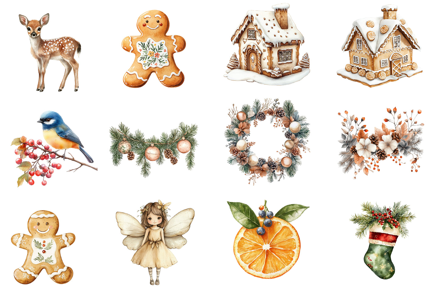 Neutral Christmas Clipart PNG Bundle | Rustic Neutral Christmas Watercolor Clipart | Cozy Winter Holiday Sublimation PNG