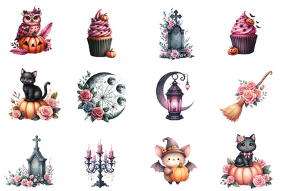 Pastel Goth Halloween Clipart PNG Bundle | Gothic Halloween Watercolor Clipart | Pink Halloween Sublimation PNG