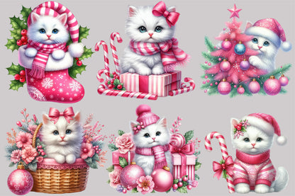 Pink Christmas Kitten Clipart PNG Bundle | Cute Pink Cat, Christmas Tree, Gifts, Candy Cane & Holiday Designs