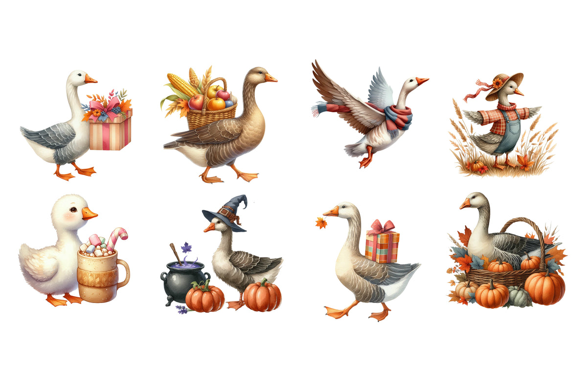 Fall Halloween Goose PNG Bundle | Cute Goose Clipart, Autumn Goose PNG