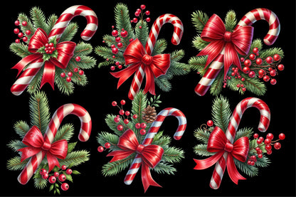 Christmas Candy Cane with Bow PNG Bundle | Watercolor Candy Cane Christmas Clipart | Holiday Sublimation