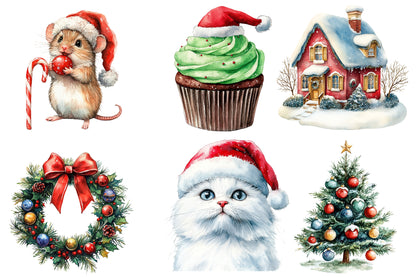 Christmas Clipart Watercolor PNG Bundle | Cute Christmas Clipart | Winter Holiday Sublimation
