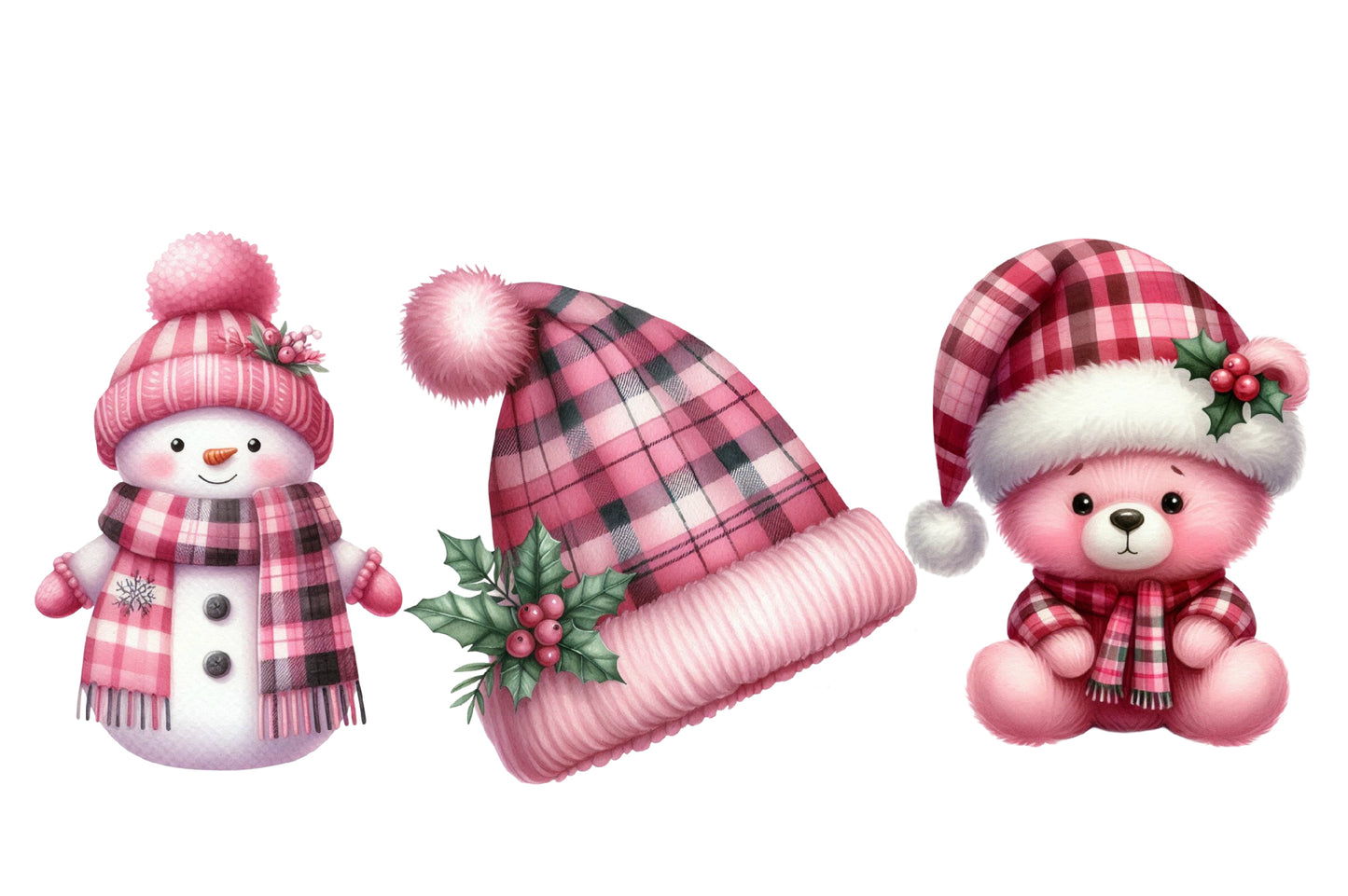 Pink Plaid Christmas Watercolor Clipart PNG Bundle | Cute Pink Tartan Christmas Clipart | Pink Christmas Sublimation PNG