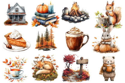 Autumn Nature Clipart PNG Bundle | Watercolor Fall Woodland Nature Clipart | Cozy Harvest Botanical PNG