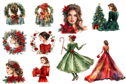 Coquette Christmas Clipart PNG Bundle | Christmas Girls, Red Roses, Poinsettias, Holly, Bows, Gifts & Glam Holiday Women
