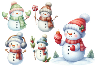 Adorable Snowman Clipart PNG Bundle | Cute Watercolor Christmas Snowman Clipart | Festive Winter Snowman PNG