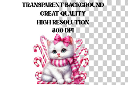 Pink Christmas Kitten Clipart PNG Bundle | Cute Pink Cat, Christmas Tree, Gifts, Candy Cane & Holiday Designs