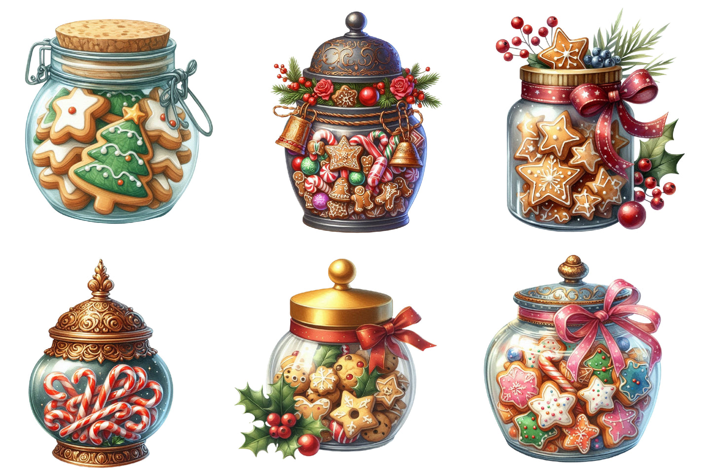 Christmas Cookie Jars Clipart PNG Bundle | Watercolor Festive Cookie Jar Clipart | Holiday Kitchen Sublimation PNG
