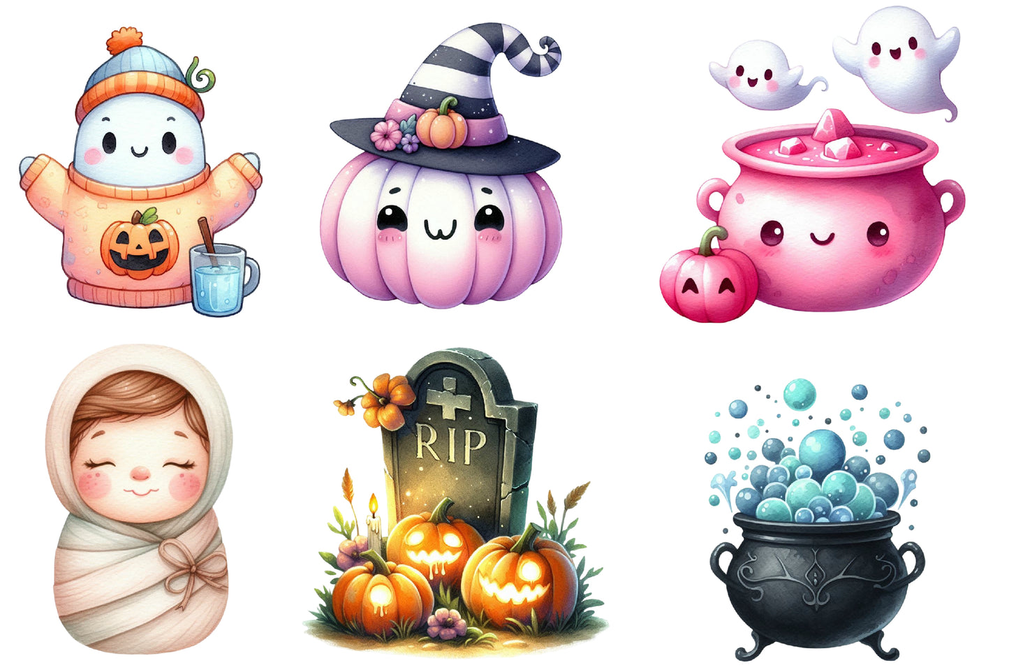 Cute Halloween Watercolor Clipart PNG Bundle | Halloween Clipart, Kawaii Halloween PNG