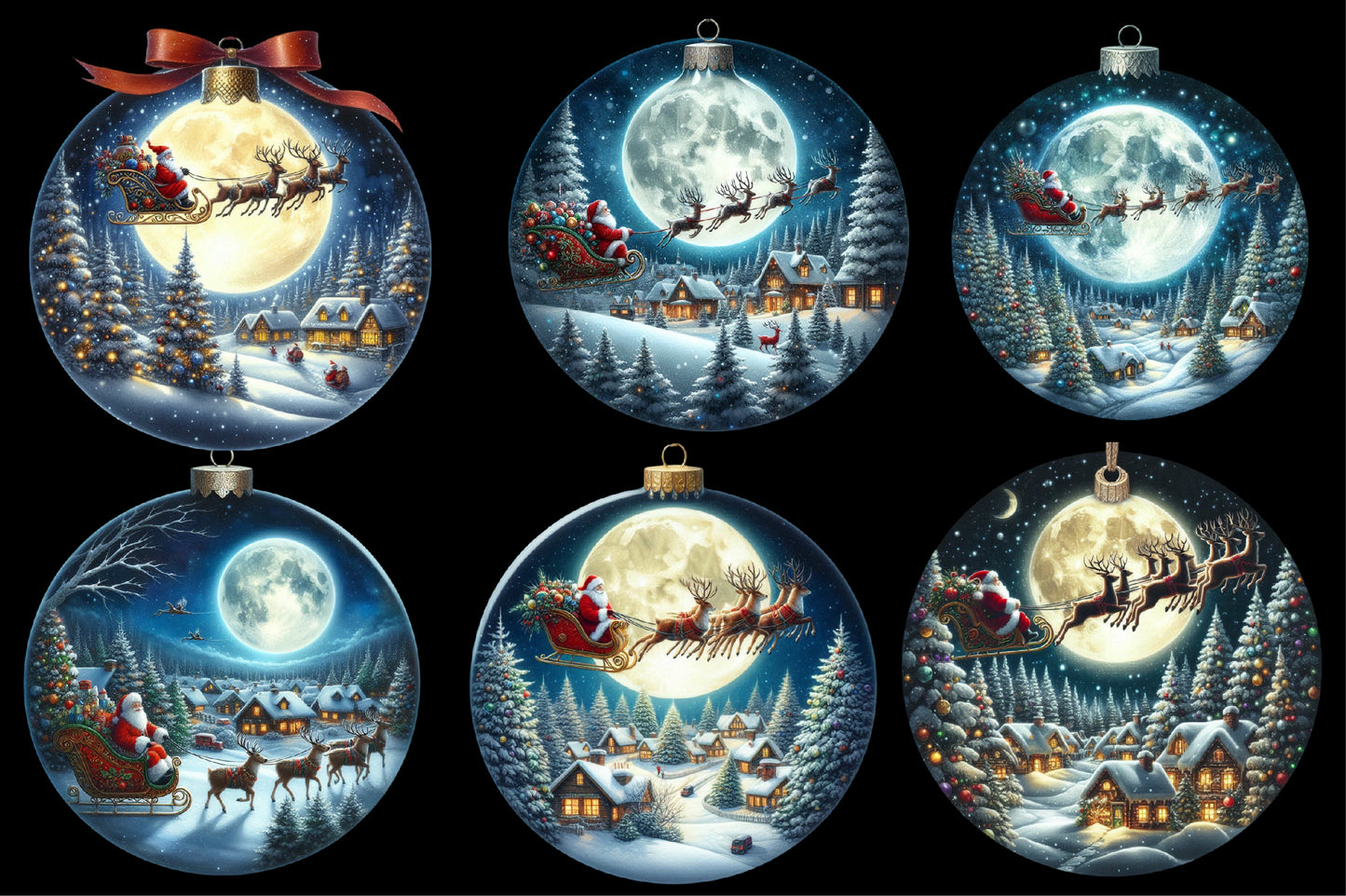 Watercolor Christmas Night Ornament Clipart PNG Bundle | Santa Sleigh & Winter Village