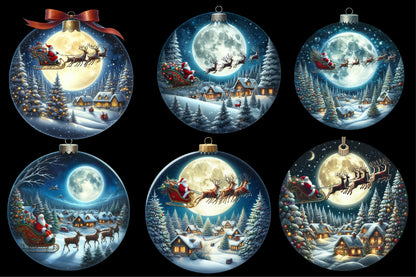 Watercolor Christmas Night Ornament Clipart PNG Bundle | Santa Sleigh & Winter Village