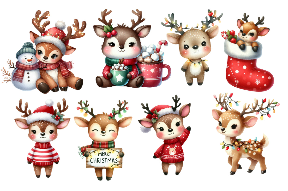 Christmas Reindeer Clipart PNG Bundle | Cute Reindeer, Santa Reindeer, Christmas Deer, Red Sweater & Holiday Reindeer