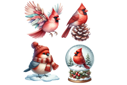 Christmas Cardinal Clipart PNG Bundle | Watercolor Cardinal Birds, Red Birds, Holly, Berries, Christmas Hats, Scarves & Winter Decor