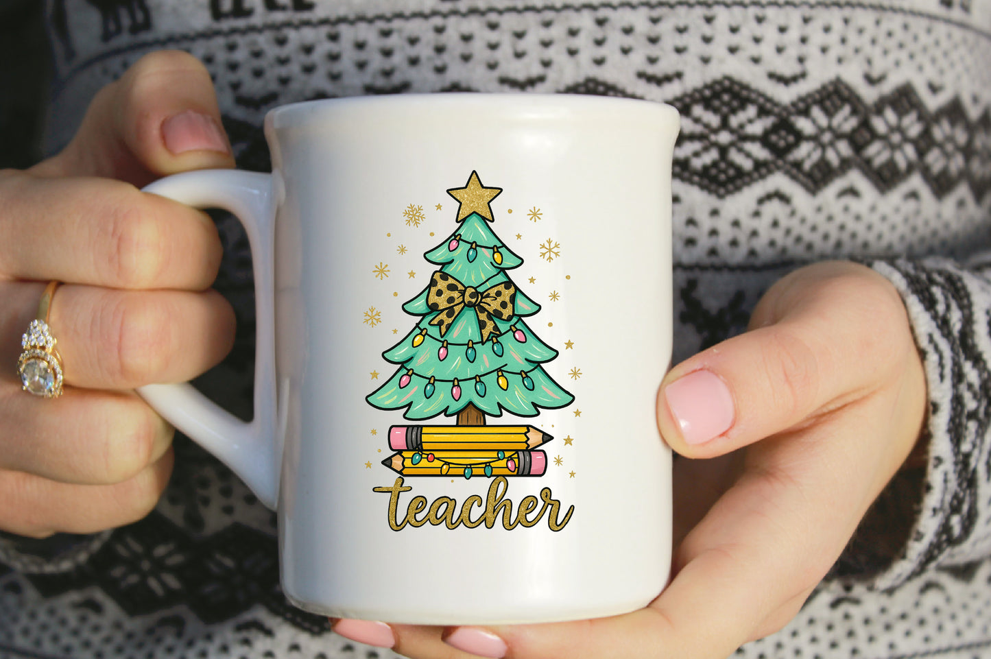 Christmas Teacher Tree PNG Leopard Bow School Holiday Design