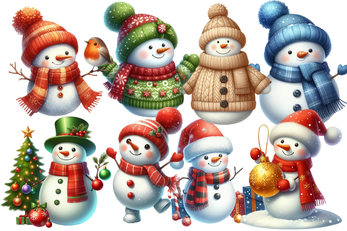 Christmas Snowman Clipart PNG Bundle | Watercolor Cute Christmas Snowman Clipart | Festive Winter Snowman Sublimation PNG
