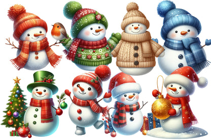 Christmas Snowman Clipart PNG Bundle | Watercolor Cute Christmas Snowman Clipart | Festive Winter Snowman Sublimation PNG