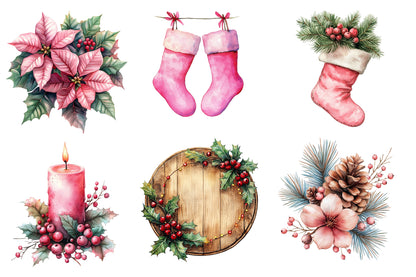 Pink Christmas Watercolor Clipart PNG Bundle | Pink Christmas Tree PNG | Pink Santa Holiday Sublimation