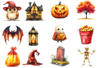 Watercolor Halloween Sublimation Clipart PNG Bundle | Spooky Pumpkin, Ghost, Witch, Bat & Cat Designs PNG