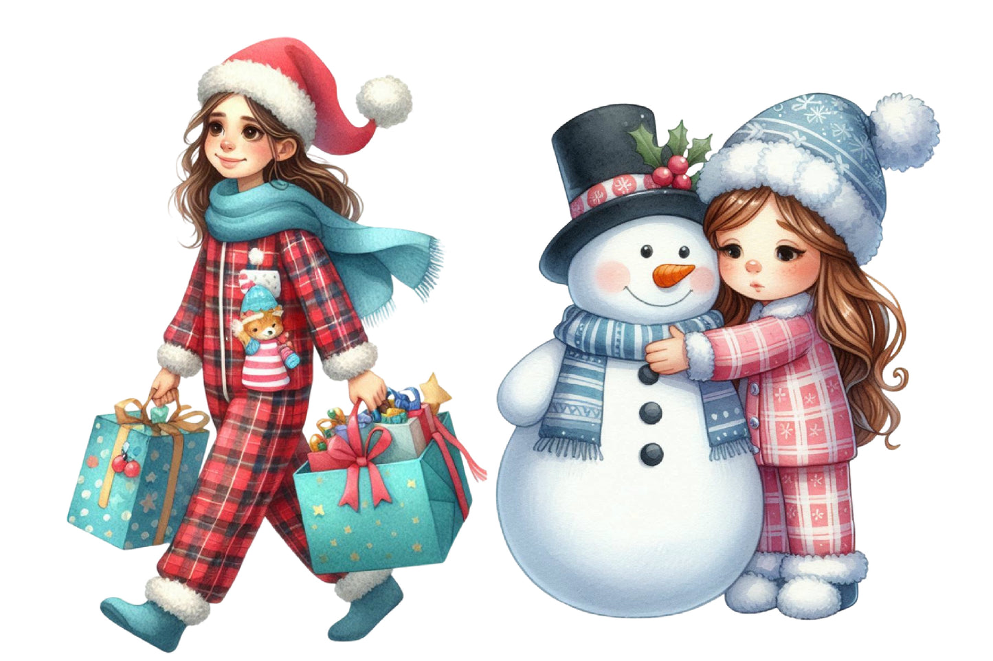 Christmas Quirky Girl Watercolor Clipart PNG Bundle | Cute Christmas Girl PNG | Holiday Girl Sublimation