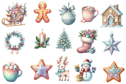 Cute Pastel Christmas Watercolor Clipart PNG Bundle | Sweet Gingerbread Christmas Clipart | Pastel Holiday Sublimation PNG