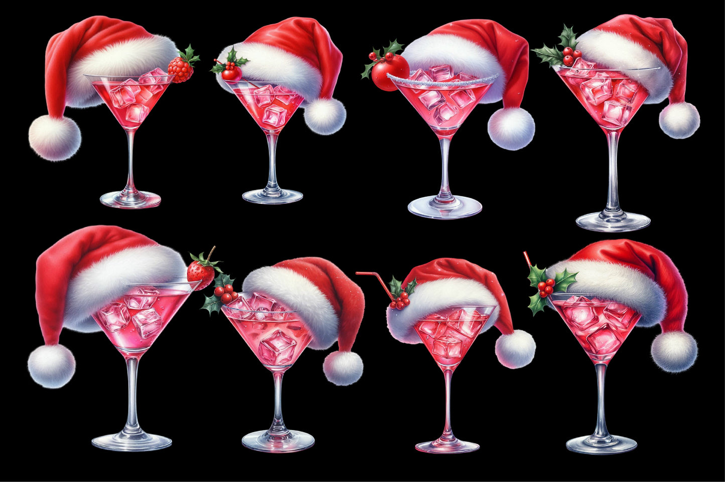 Watercolor Christmas Cocktails Clipart PNG Bundle | Santa Hat Cocktail Glasses | Christmas Party Sublimation