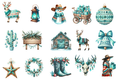 Western Christmas Clipart PNG Bundle | Western Cowboy Christmas Watercolor Clipart | Turquoise Christmas PNG