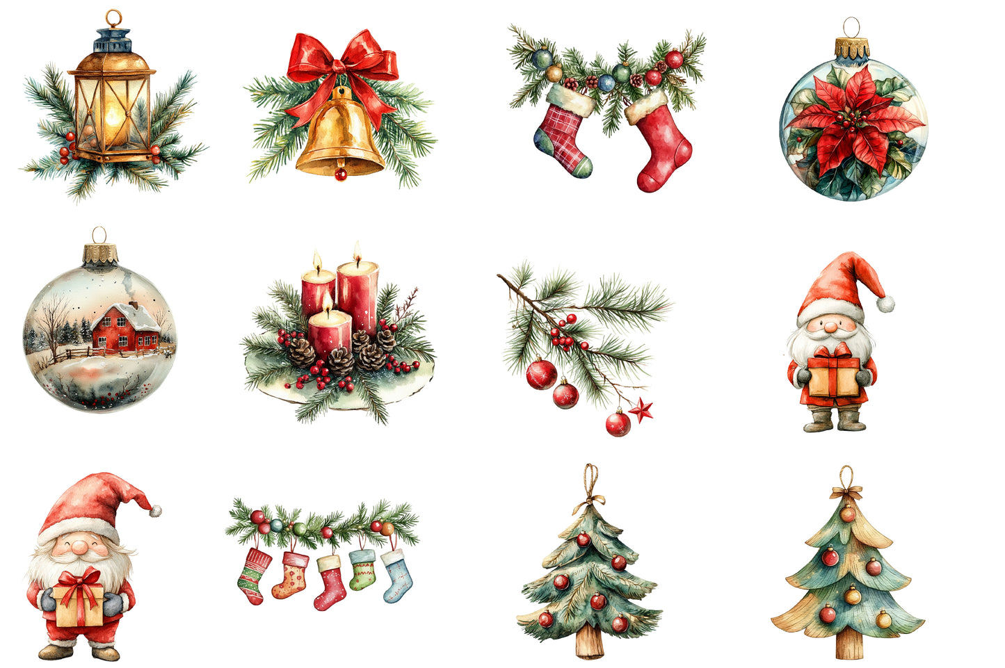 Traditional Christmas Watercolor Clipart PNG Bundle | Christmas Village PNG | Christmas Ornament Sublimation