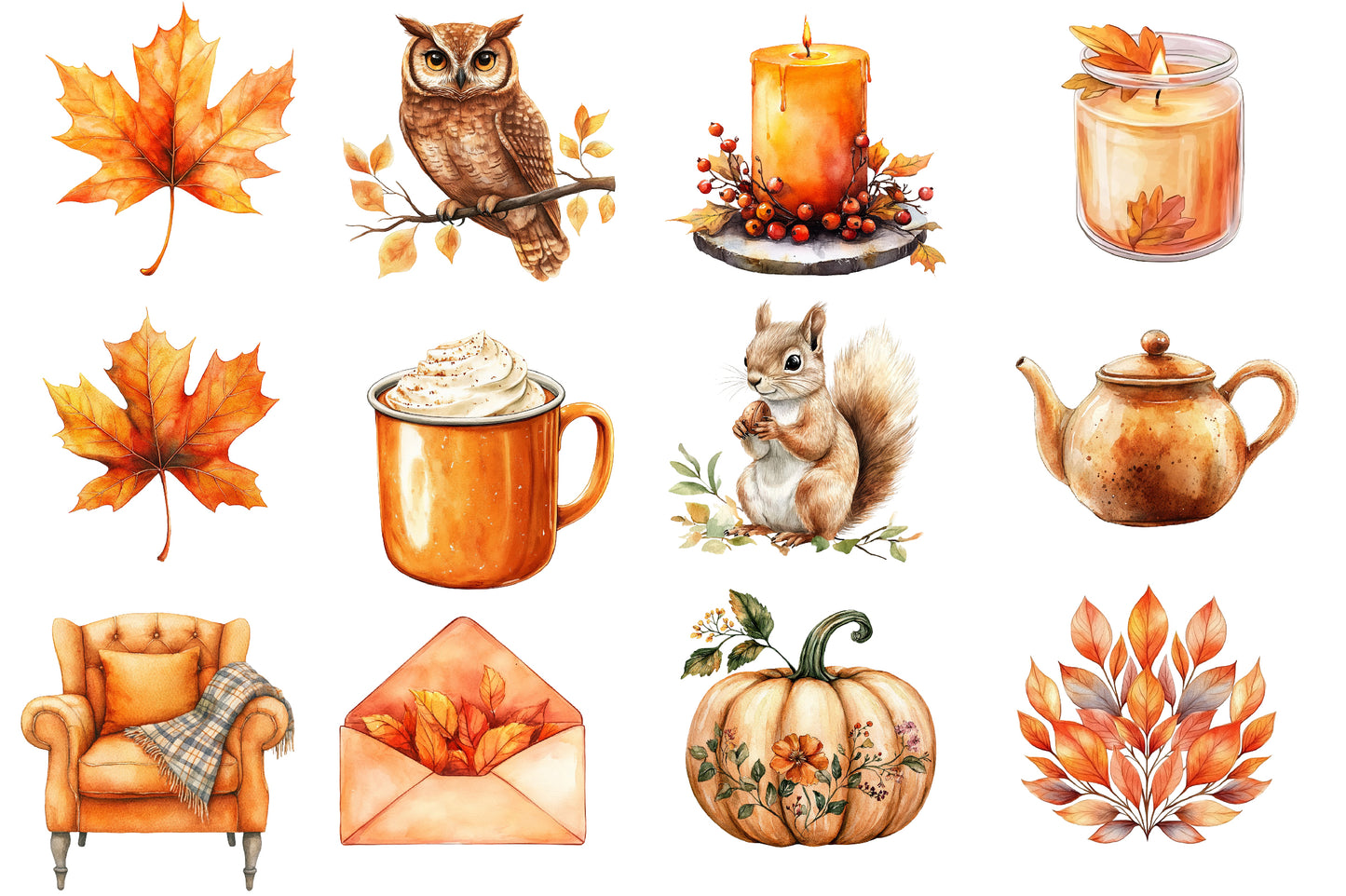 Autumn Aesthetic Elements Clipart PNG Bundle | Watercolor Fall Cozy Elements Clipart | Boho Autumn PNG
