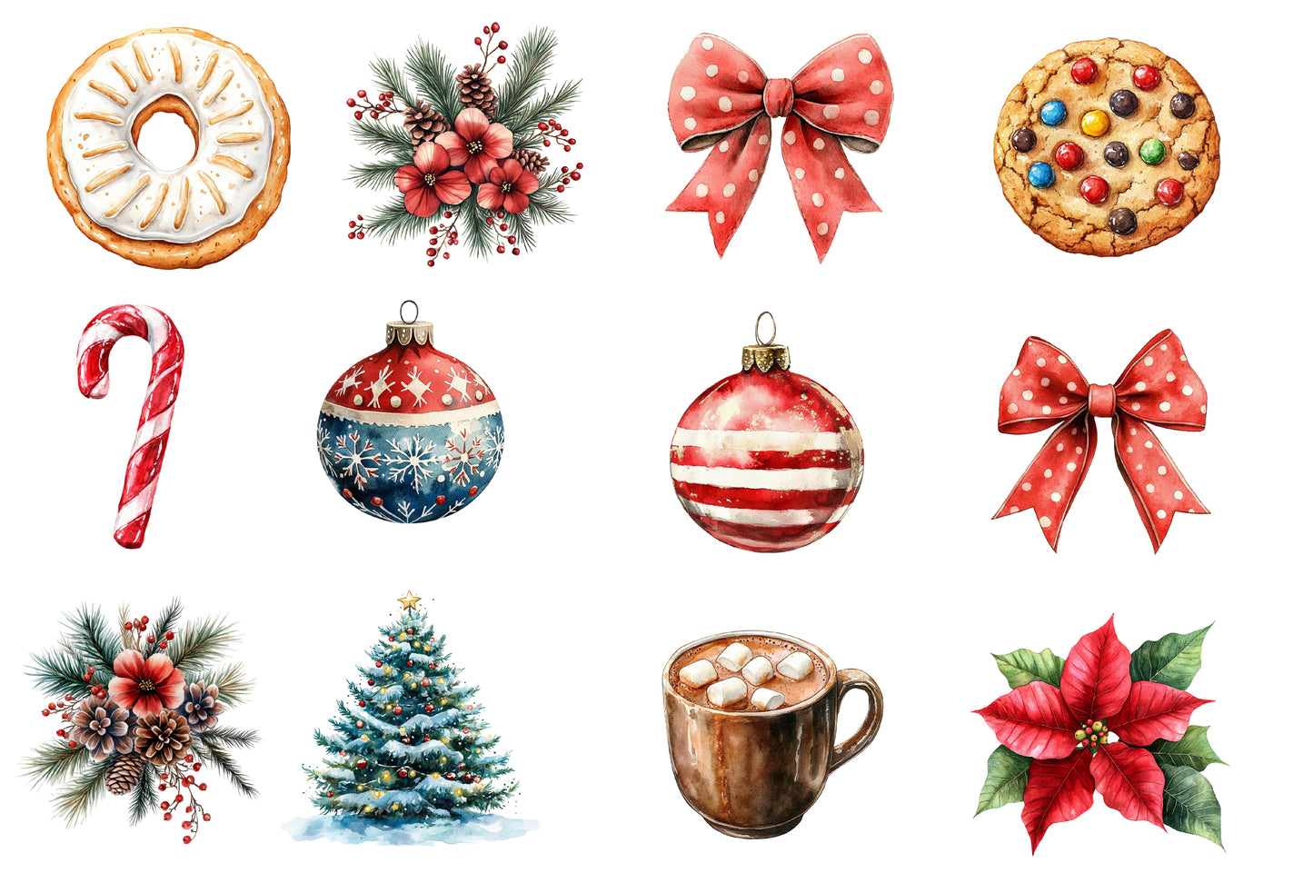 Christmas Time Watercolor Clipart PNG Bundle | Cute Christmas Holiday Watercolor Clipart | Festive Winter Sublimation PNG