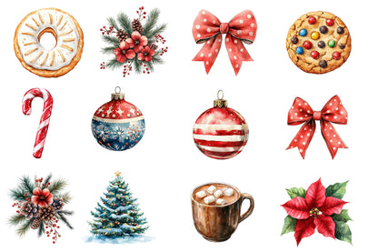 Christmas Time Watercolor Clipart PNG Bundle | Cute Christmas Holiday Watercolor Clipart | Festive Winter Sublimation PNG