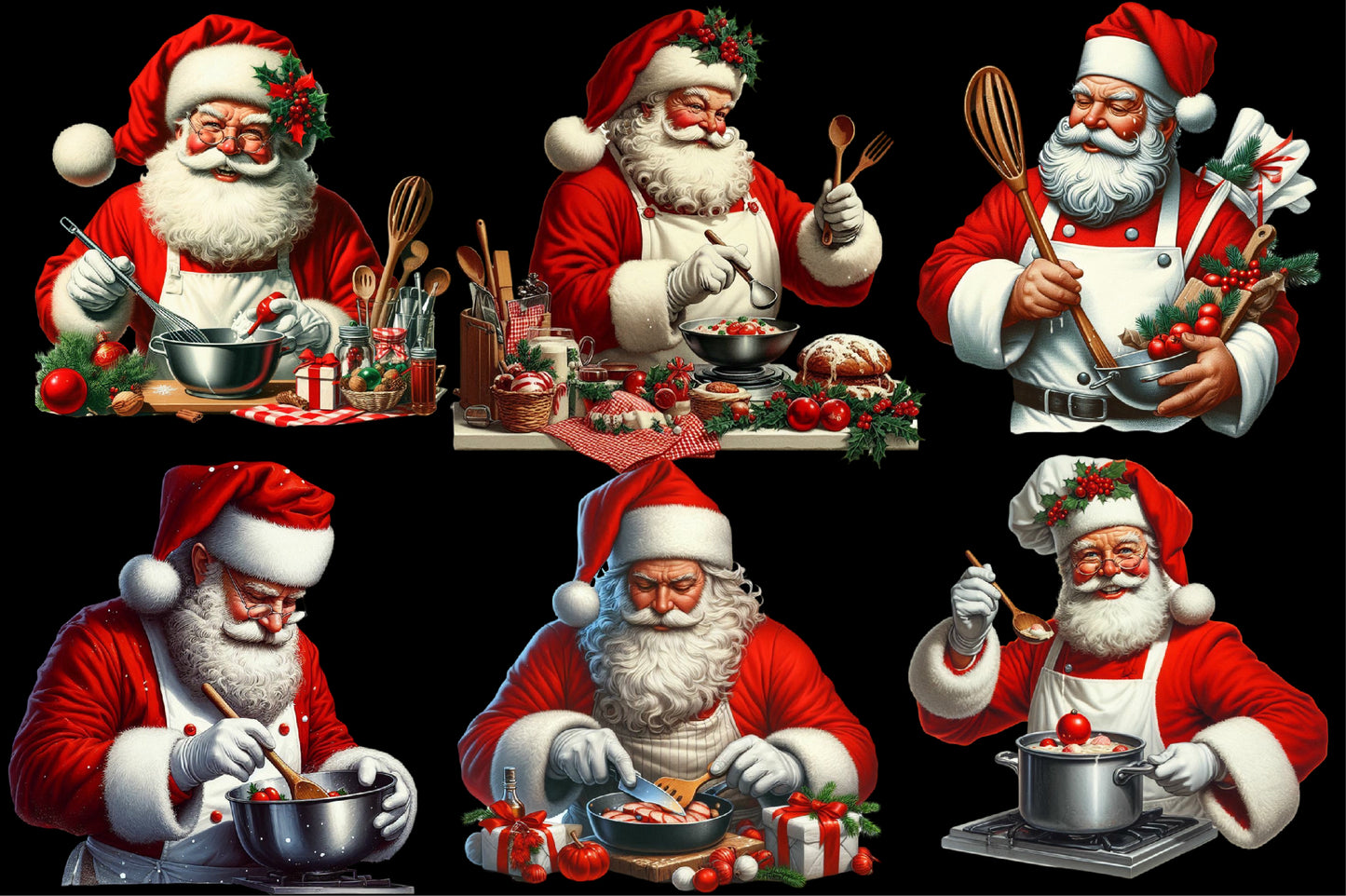 Watercolor Santa Chef Clipart PNG Bundle | Funny Christmas Cooking Santa, Baking & Holiday Kitchen Designs