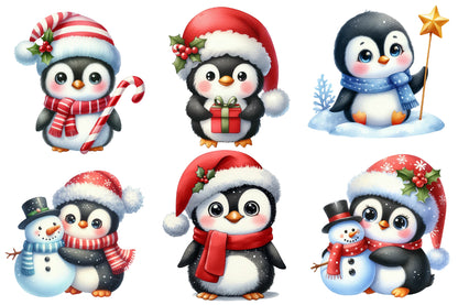 Christmas Funny Penguin Clipart PNG Bundle | Watercolor Cute Funny Christmas Penguin Clipart | Holiday Penguin Sublimation PNG