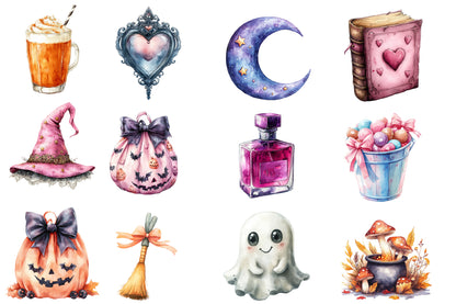 Halloween Girly Clipart PNG Bundle | Pink Black Cat, Ghost, Skull, Pumpkin, Bat & Witch PNG