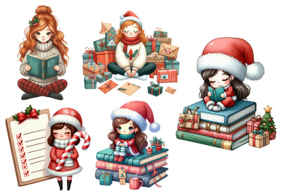 Christmas Planner Girl Watercolor Clipart PNG Bundle | Cute Christmas Planner PNG