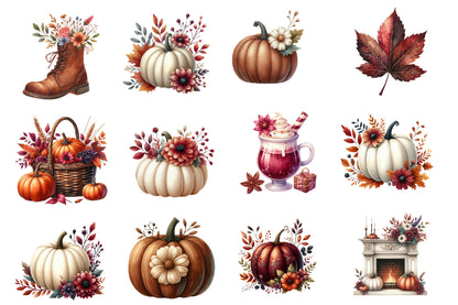 Fall Watercolor Clipart PNG Bundle | Cozy Autumn Clipart | Thanksgiving Sublimation