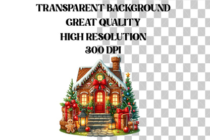Watercolor Christmas Gingerbread House Clipart PNG Bundle | Gingerbread Village & Holiday Houses