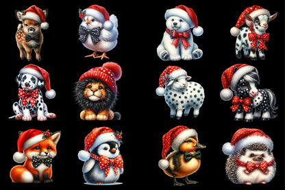 28 Christmas Animals PNG Clipart Bundle Watercolor Cute Santa Hat Holiday