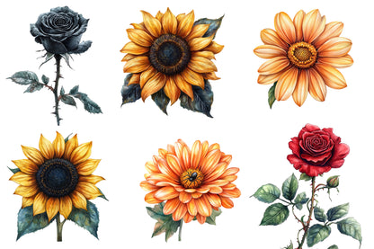 Halloween Flowers Clipart PNG | Gothic Dark Floral PNG, Black Rose Clipart,